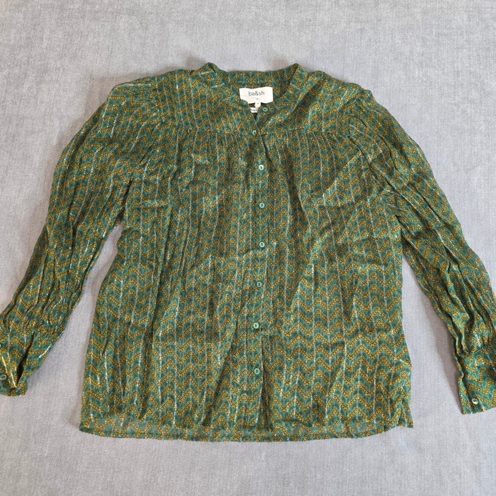 ba&sh Wize Lady Top Womens Size 2 M Green Metallic Paisley Chevron Shear Blouse